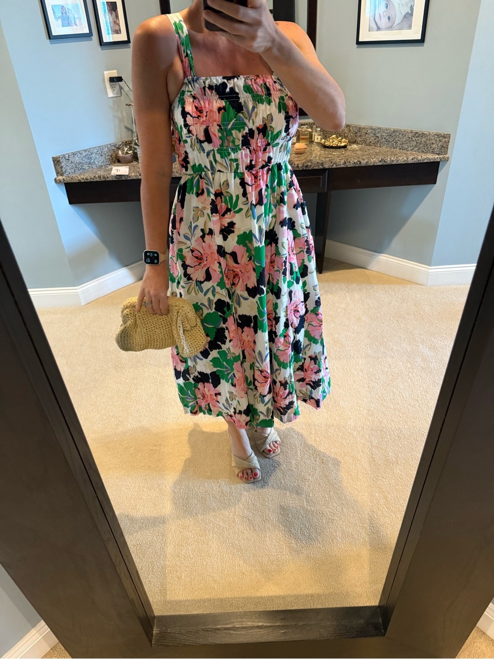Floral Smocked Midi Dress in Pink & Green Tommy Hilfiger 6
